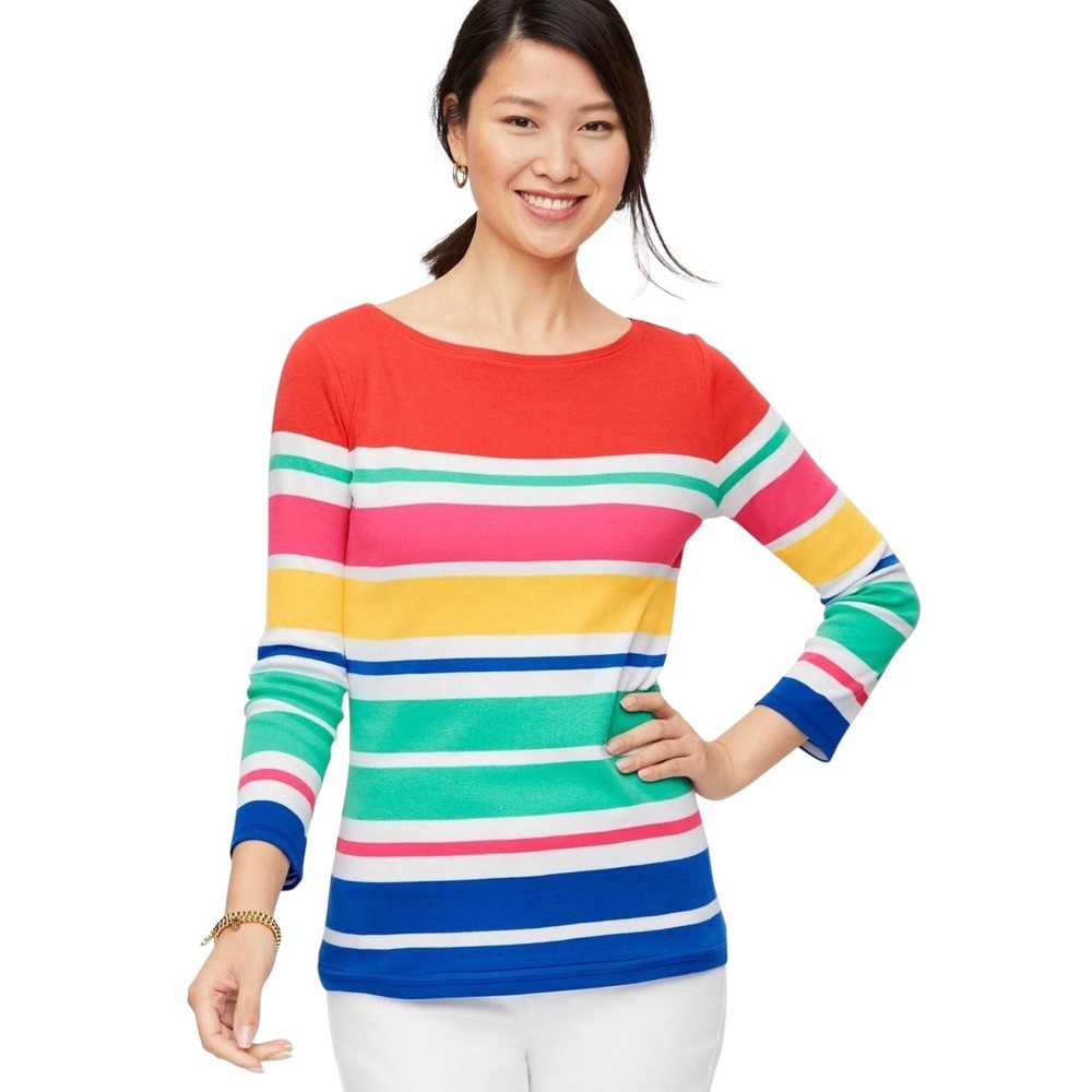 Talbots Plus Size 1X Top Colorful Striped 3/4 Sleeve Boat Neck‎ Knit Sweater 765